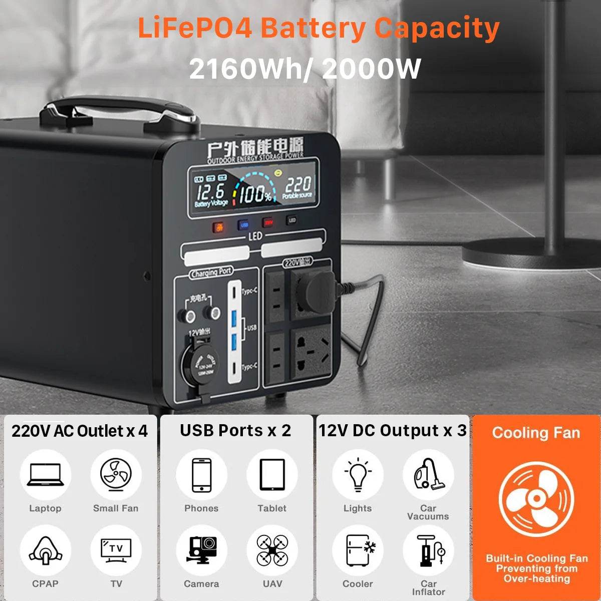 BYGD Portable Power Station 2000W Solar Electric Generator Fast Charging 220V Powerful Power Banks 2160Wh Lifepo4 Battery 12V DC - MarvelouStoree