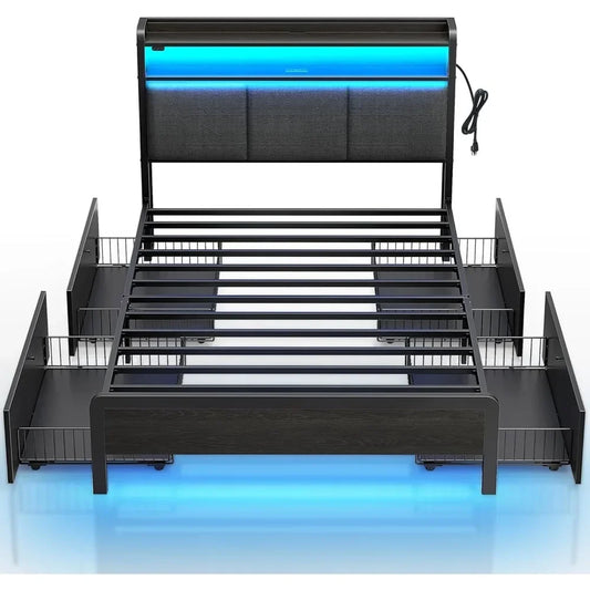 Bed Frame Twin Size with Bookcase Storage Headboard, Slide Out Bedside Storage, Bed with Charging Station & LED Lights