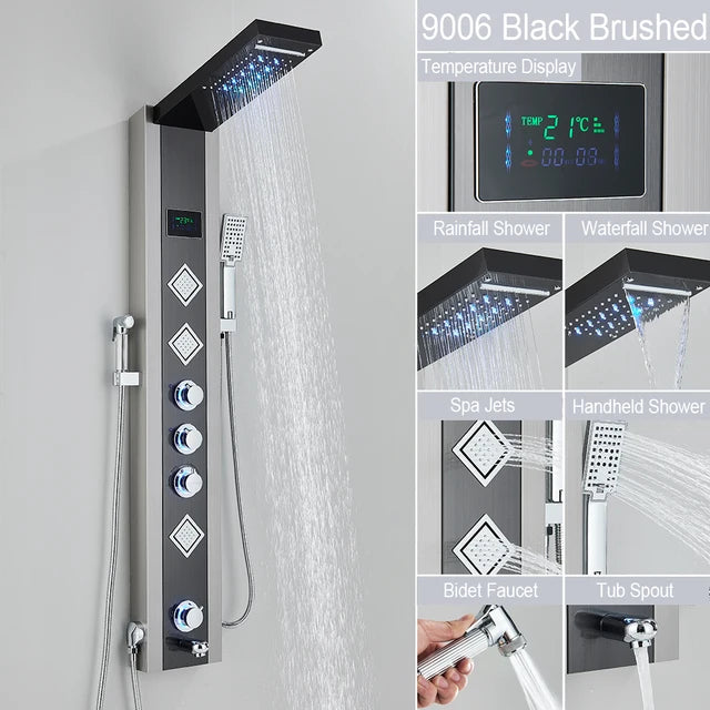 Marveloustoree Black LED Light Shower Faucet Bathroom SPA Massage Jet Shower Column System Waterfall Rain Shower Panel Bidet Sprayer Tap