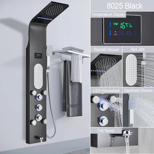 Marveloustoree Black LED Light Shower Faucet Bathroom SPA Massage Jet Shower Column System Waterfall Rain Shower Panel Bidet Sprayer Tap