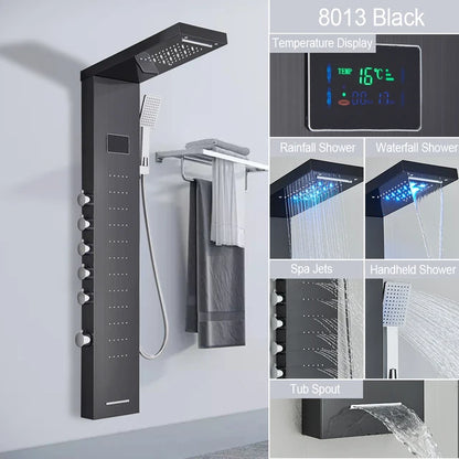 Marveloustoree Black LED Light Shower Faucet Bathroom SPA Massage Jet Shower Column System Waterfall Rain Shower Panel Bidet Sprayer Tap