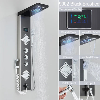 Marveloustoree Black LED Light Shower Faucet Bathroom SPA Massage Jet Shower Column System Waterfall Rain Shower Panel Bidet Sprayer Tap