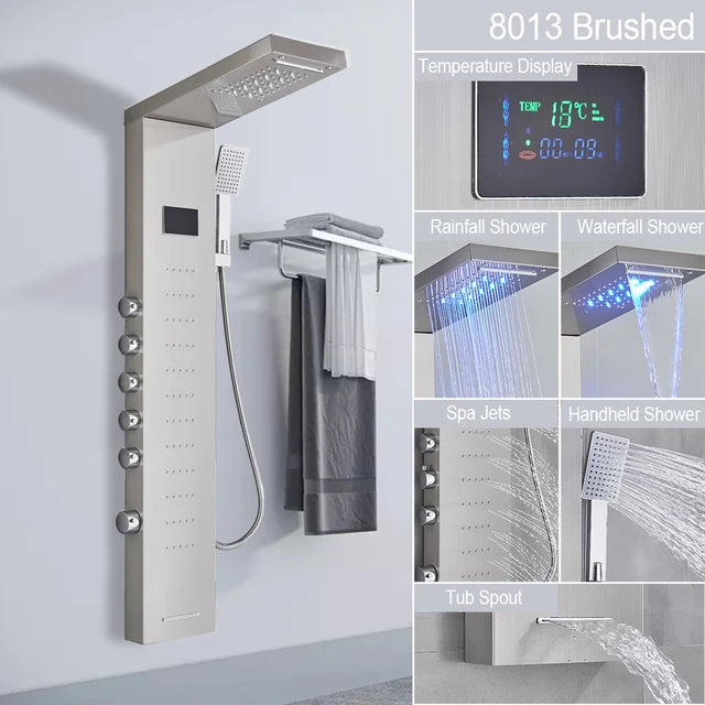 Marveloustoree Black LED Light Shower Faucet Bathroom SPA Massage Jet Shower Column System Waterfall Rain Shower Panel Bidet Sprayer Tap