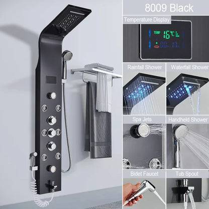 Marveloustoree Black LED Light Shower Faucet Bathroom SPA Massage Jet Shower Column System Waterfall Rain Shower Panel Bidet Sprayer Tap