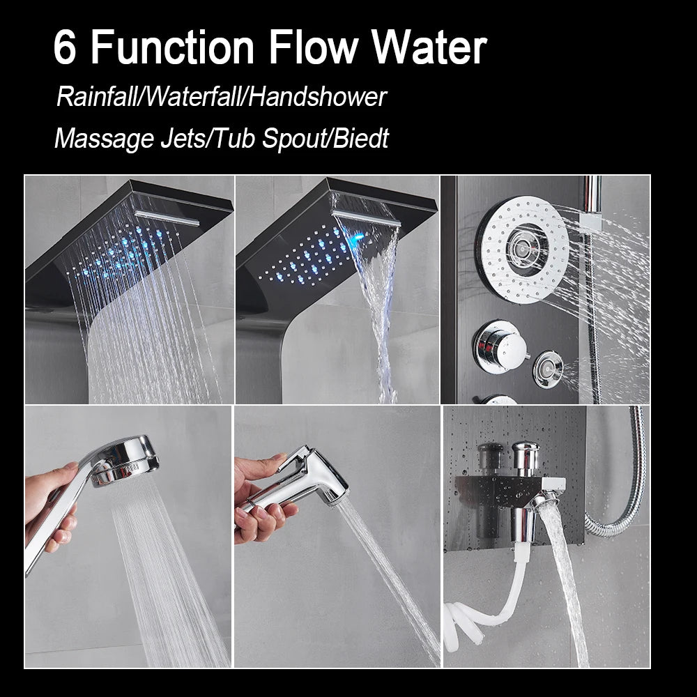 Marveloustoree Black LED Light Shower Faucet Bathroom SPA Massage Jet Shower Column System Waterfall Rain Shower Panel Bidet Sprayer Tap