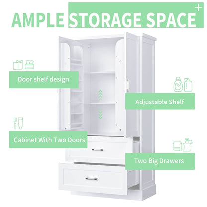 Tall Bathroom Storage Cabinet, Cabinet with Two Doors and Drawers, Adjustable Shelf, MDF Board, White - MarvelouStoree