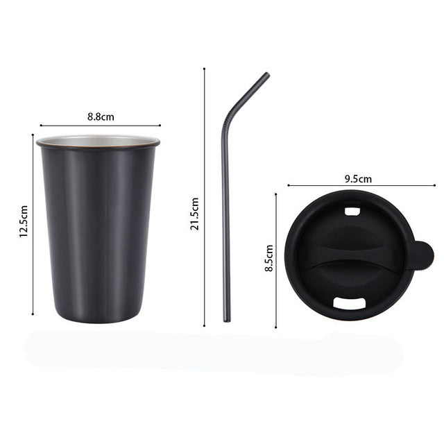 500ml 304 Stainless Steel Coffee Mugs Metal Straw Reusable Tumbler Pint Outdoor Camping Travel Mug Drinking Juice Tea Beer Cups