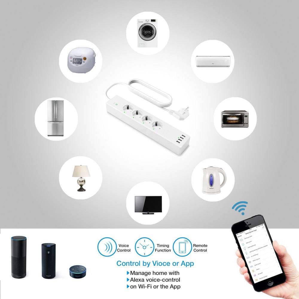 Wifi Smart Power Strip 4 EU Outlets Plug with 4 USBCharging Port Timing App Voice Control Work with Alexa Google Home Assistant - MarvelouStoree