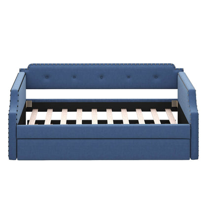 Upholstered Daybed with Trundle, Wood Slat Support,Upholstered Frame Sofa Bed Twin Blue - MarvelouStoree