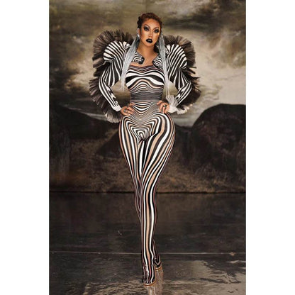 New Performance Costume Bar Nightclub Female Singer Guest Dance Fake Meat Print Striped Zebra Head jumpsuit - MarvelouStoree