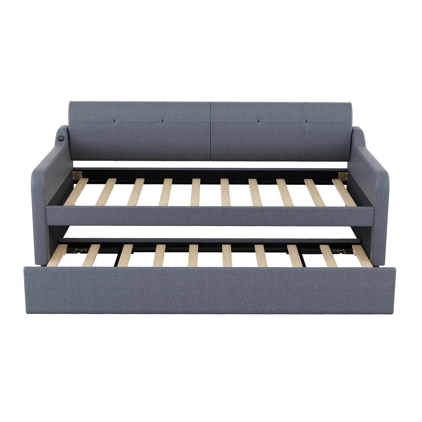 Twin Size Upholstery DayBed with Trundle and USB Charging Design Trundle can be flat or erected Gray - MarvelouStoree