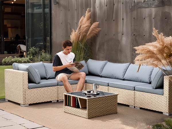 7-Piece Patio Furniture Set, All-Weather Boho Outdoor Conversation Set Sectional Sofa with Water Resistant Grey Thick Cushions - MarvelouStoree