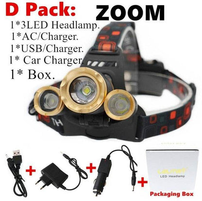 15000Lm XM-T6x3 LED Headlight ZOOM Flashlight Torch Camping Fishing Headlamp lantern Use 2*18650 battery / AC/Car/Usb/ charging - MarvelouStoree