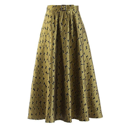 High Waist Green Pattern Printed Long Elegant A-line Half-body Skirt Women Fashion New Spring Autumn - MarvelouStoree