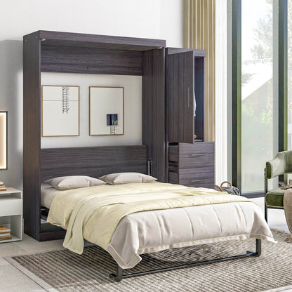 Full Size Murphy Bed with Wardrobe and Drawers, Storage Bed, can be Folded into a Cabinet, Gray - MarvelouStoree