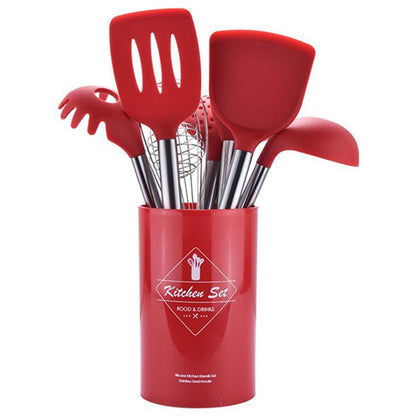 9pcs/set Stainless Steel Silicone Kitchen Utensil Set Tong Spoon Spatula Whisk Strainer Cooking Utensil with Storage Bucket