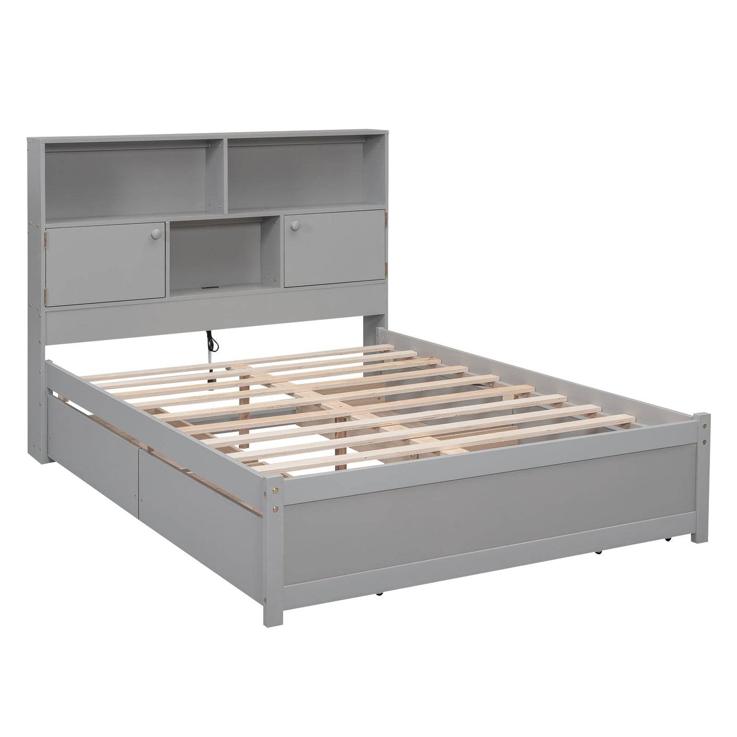 Full Size Platform Bed with Storage Headboard, Charging Station and 4 Drawers, Gray - MarvelouStoree