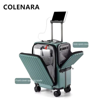 COLENARA 20Inch Cabin Luggage Front Opening Laptop Boarding Case USB Charging Trolley Case Multifunctional Carry-on Suitcase