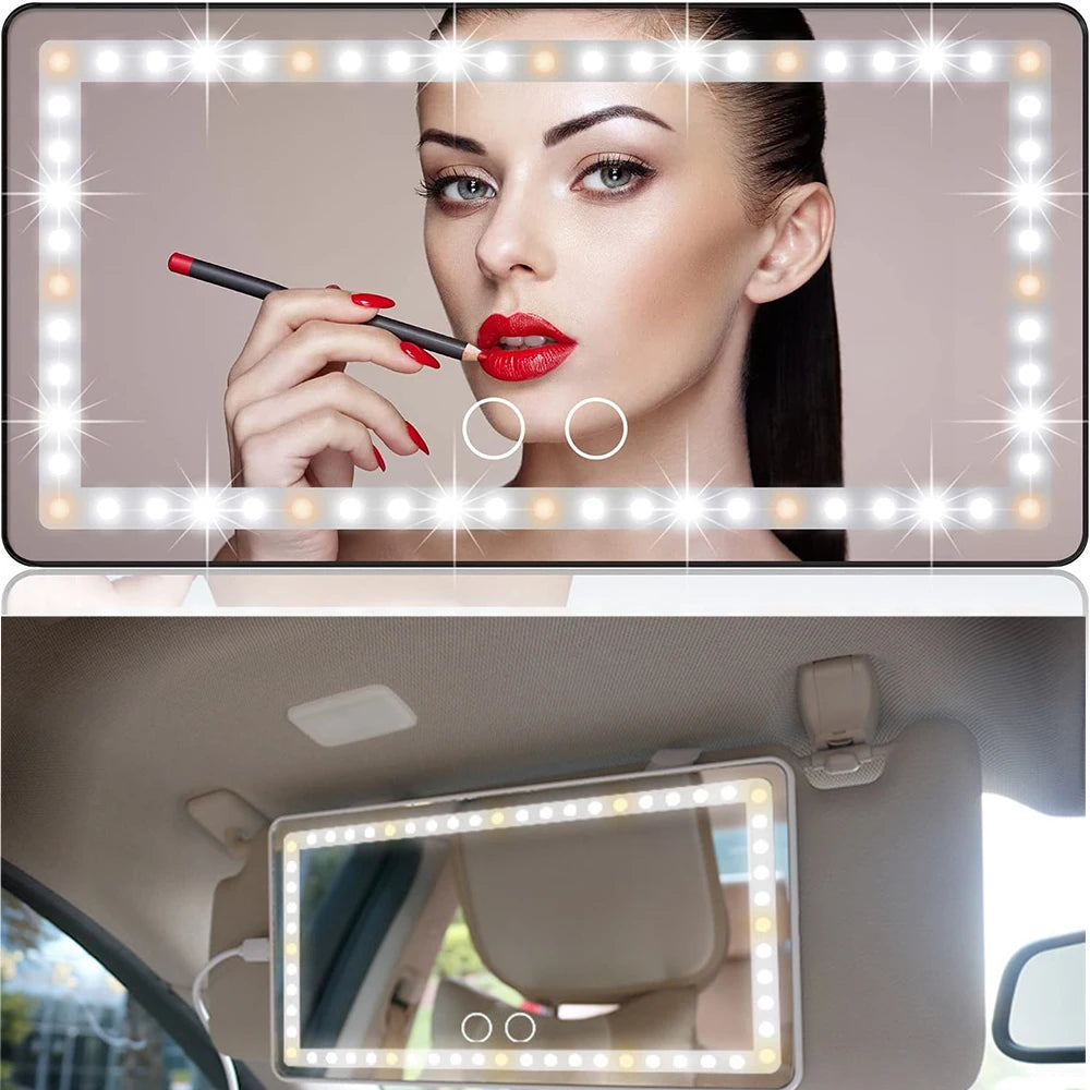 Marveloustoree Car Sun Visor Vanity Mirror Cosmetic Mirror Rechargeable Makeup Mirror with 3 Light Modes 60 Leds Dimmable Clip-on Rear Wireless