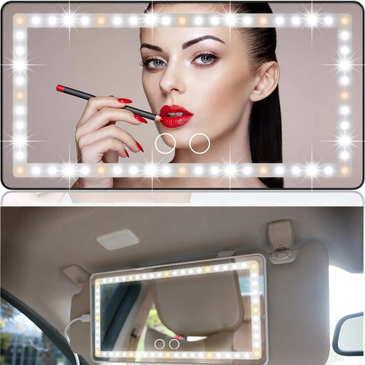 Marveloustoree Car Sun Visor Vanity Mirror Cosmetic Mirror Rechargeable Makeup Mirror with 3 Light Modes 60 Leds Dimmable Clip-on Rear Wireless