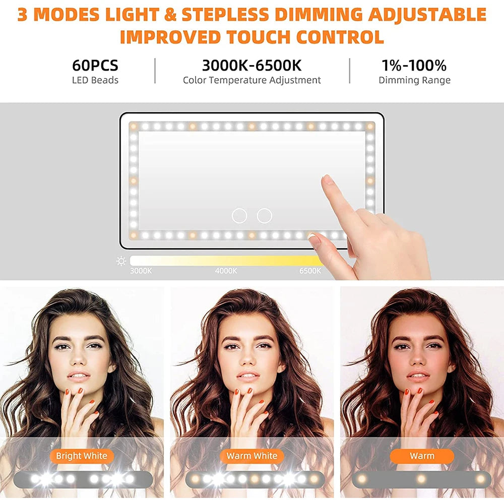 Marveloustoree Car Sun Visor Vanity Mirror Cosmetic Mirror Rechargeable Makeup Mirror with 3 Light Modes 60 Leds Dimmable Clip-on Rear Wireless