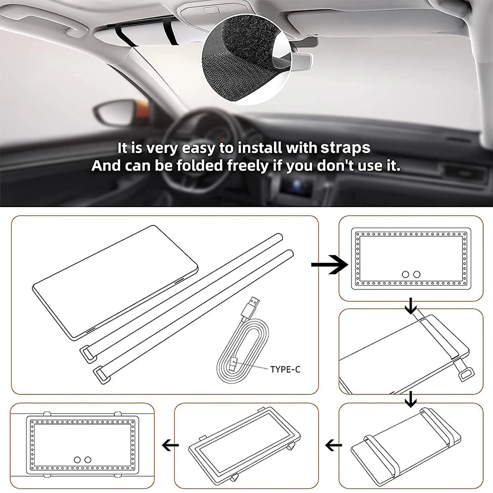 Marveloustoree Car Sun Visor Vanity Mirror Cosmetic Mirror Rechargeable Makeup Mirror with 3 Light Modes 60 Leds Dimmable Clip-on Rear Wireless