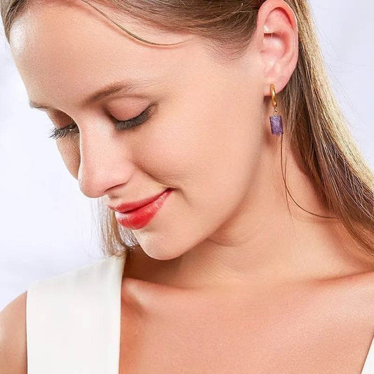 Change Better Natural Aquamarine Cylinder Shape Drop Earrings Women Amethyst Stainless Steel Hoop Dangle Earring Couple Gifts - MarvelouStoree