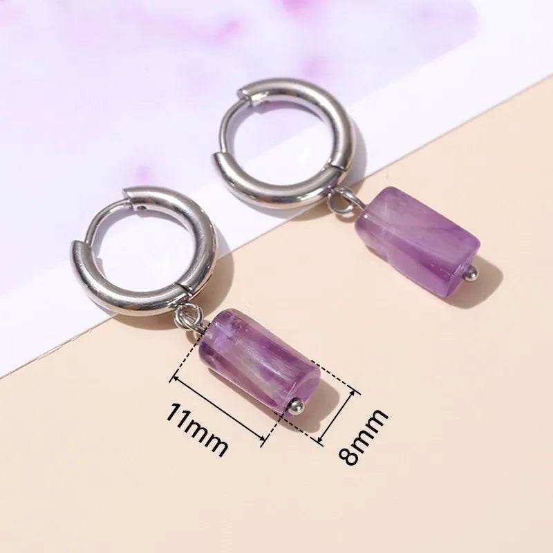 Change Better Natural Aquamarine Cylinder Shape Drop Earrings Women Amethyst Stainless Steel Hoop Dangle Earring Couple Gifts - MarvelouStoree