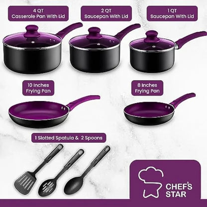 Chef's Star Pots And Pans Set Kitchen Cookware Sets Nonstick Aluminum Cooking Essentials 11 Pieces Purple