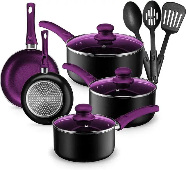 Chef's Star Pots and Pans Set Kitchen Cookware Sets Nonstick Aluminum Cooking Essentials 11 Pieces Purple