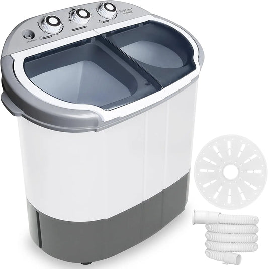 Compact Home Washer & Dryer, 2 in 1 Portable Mini Washing Machine, Twin Tubs, 11lbs. Capacity, 110V, Spin Cycle w/Hose, Tra