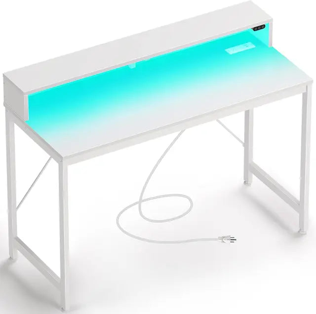 Computer Desk 39 inch with LED Lights & Power Outlets, Home Office Desk with Monitor Shelf, Gaming Desk, Writing Desk