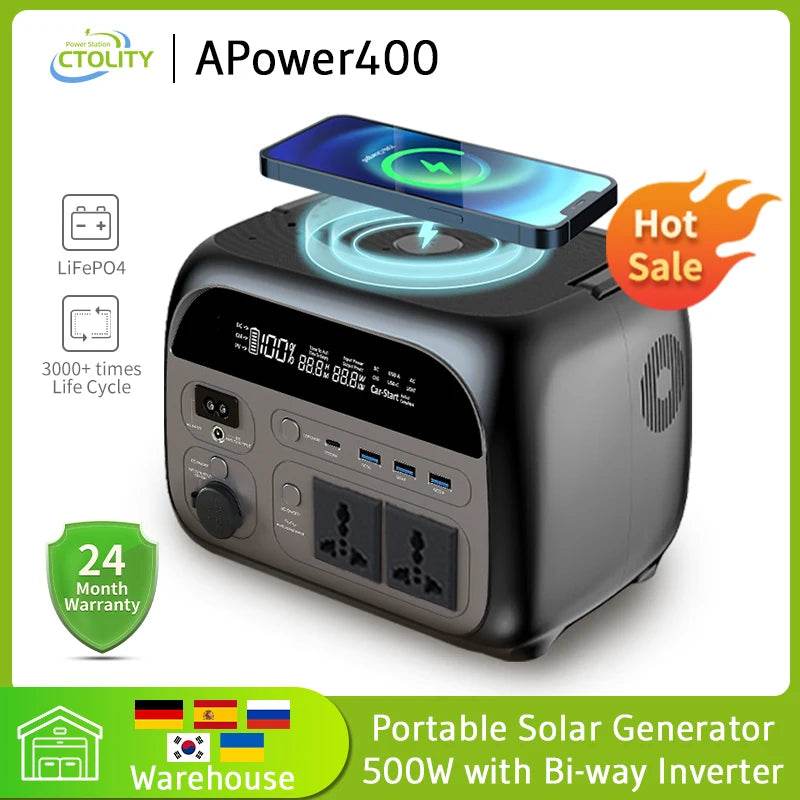 Ctolity 345Wh 500w Portable Power Station 220v Lifepo4 Battery Solar Generator 108000mAh Camping Equipment Wireless Charging - MarvelouStoree