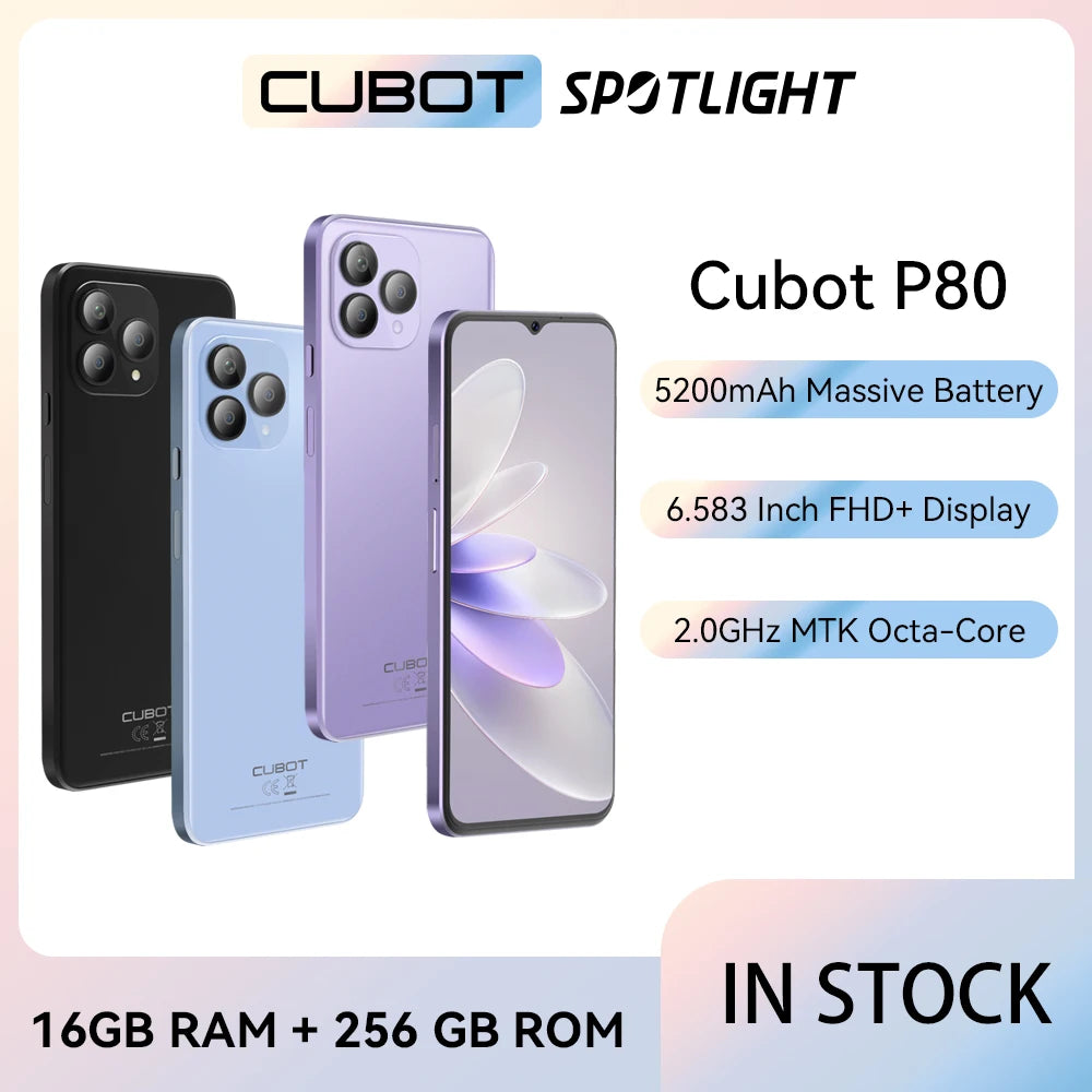 Cubot Global Version Android Smartphone P80, Android 13 Phone, 8GB RAM, 256GB/512GB ROM, NFC, 6.583" Large Screen, 48MP Camera