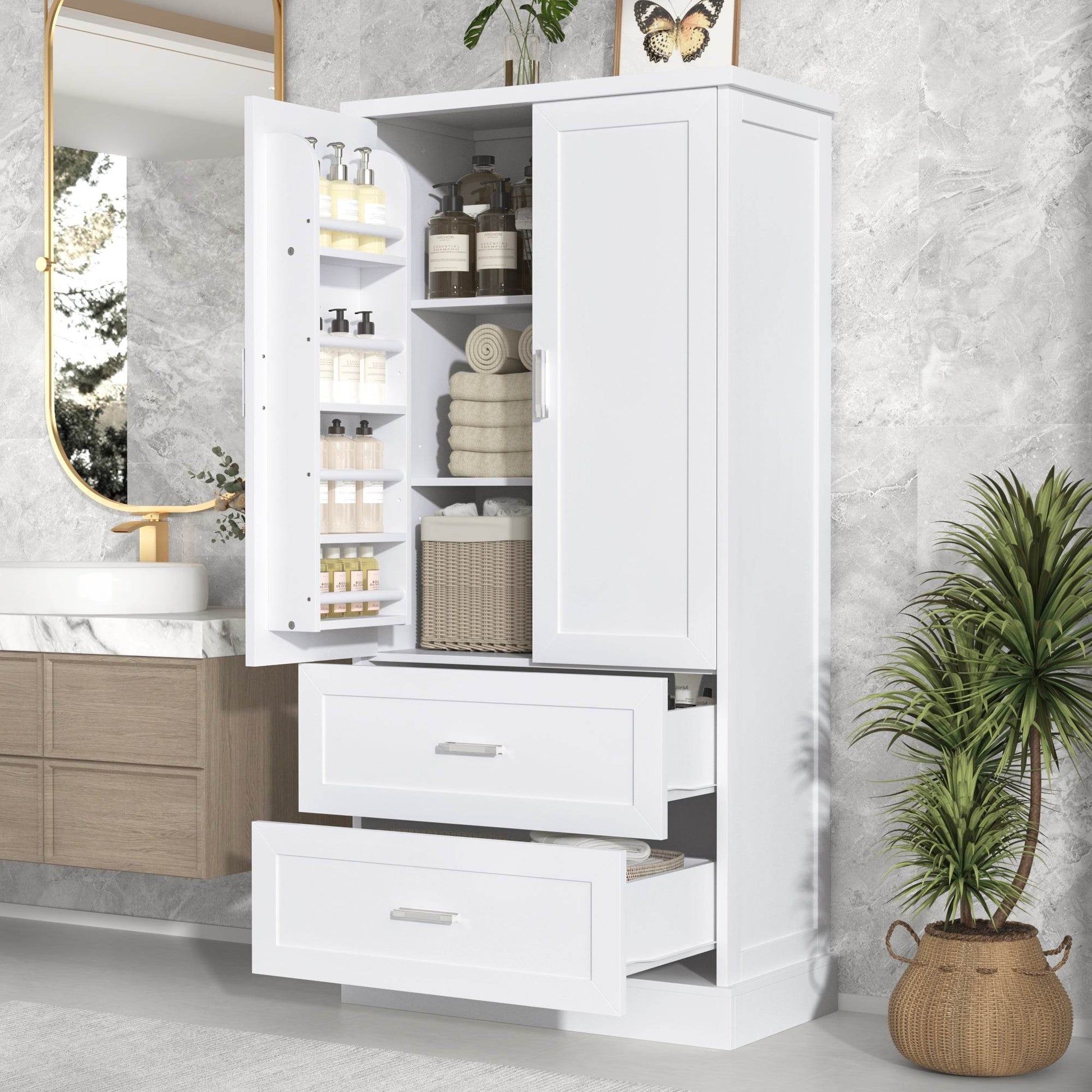 Tall Bathroom Storage Cabinet, Cabinet with Two Doors and Drawers, Adjustable Shelf, MDF Board, White - MarvelouStoree