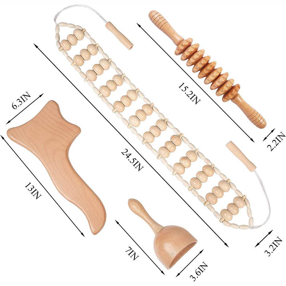 Beech wood therapy scraping cup, meridian dredging roller, tendon rolling stick, scraping board, head massager, massage set - MarvelouStoree