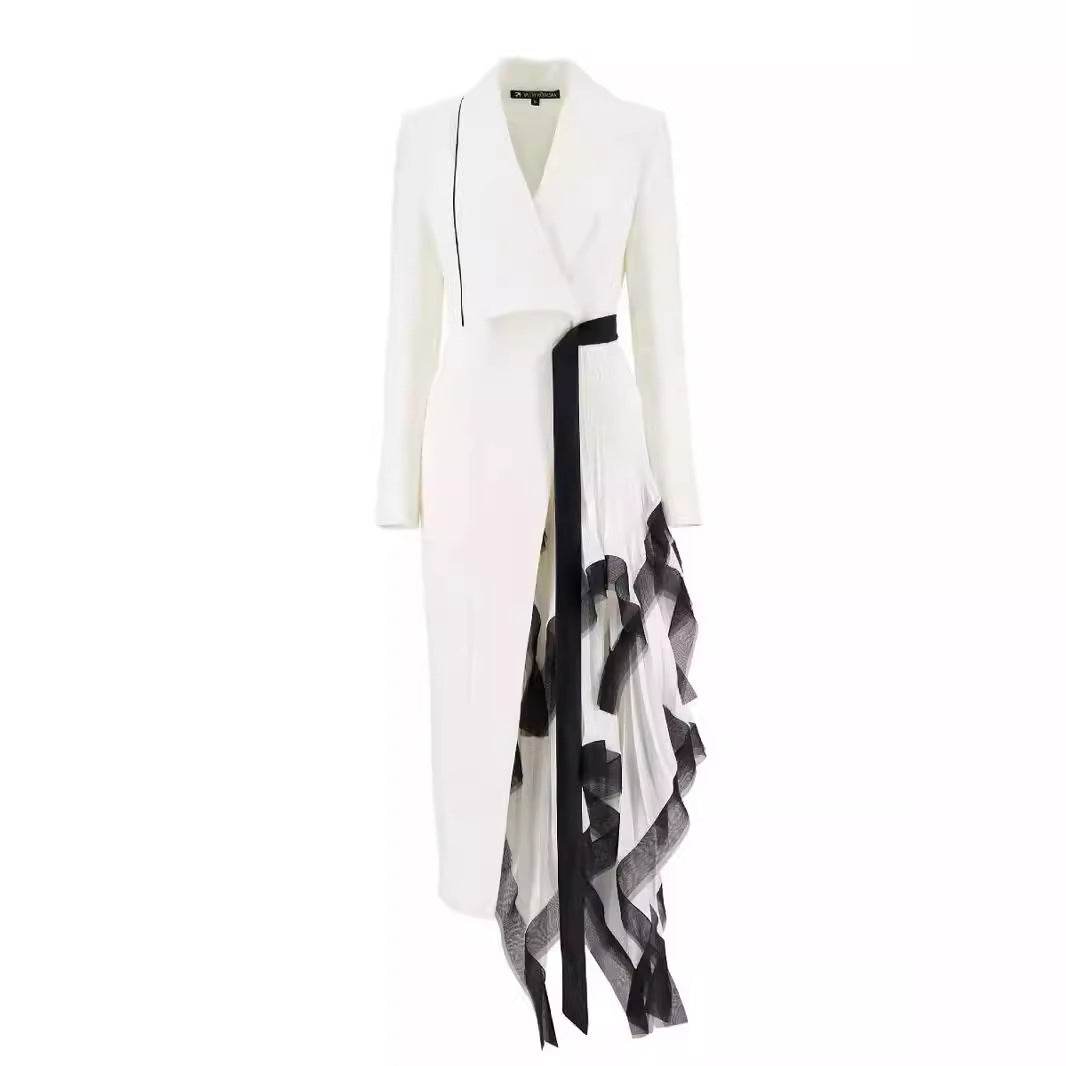 Asymmetric pleated loose mouth ruffle edge contrasting long suit jacket for women - MarvelouStoree