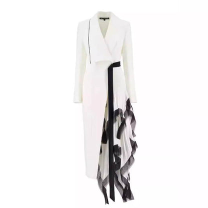 Asymmetric pleated loose mouth ruffle edge contrasting long suit jacket for women - MarvelouStoree