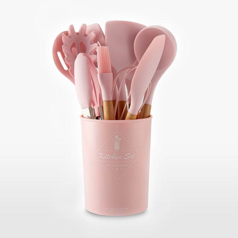 11-Piece Barreled Cooking Utensils Set With Wooden Handle Pink - MarvelouStoree