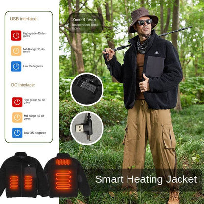 Fleece heating hoodie new four zone intelligent electric heating stand collar warm and temperature controlled fleece jacket - MarvelouStoree