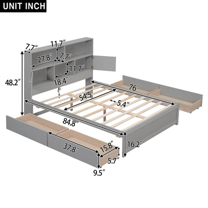 Full Size Platform Bed with Storage Headboard, Charging Station and 4 Drawers, Gray - MarvelouStoree