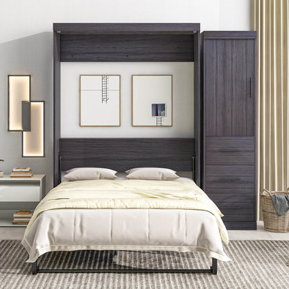 Full Size Murphy Bed with Wardrobe and Drawers, Storage Bed, can be Folded into a Cabinet, Gray - MarvelouStoree