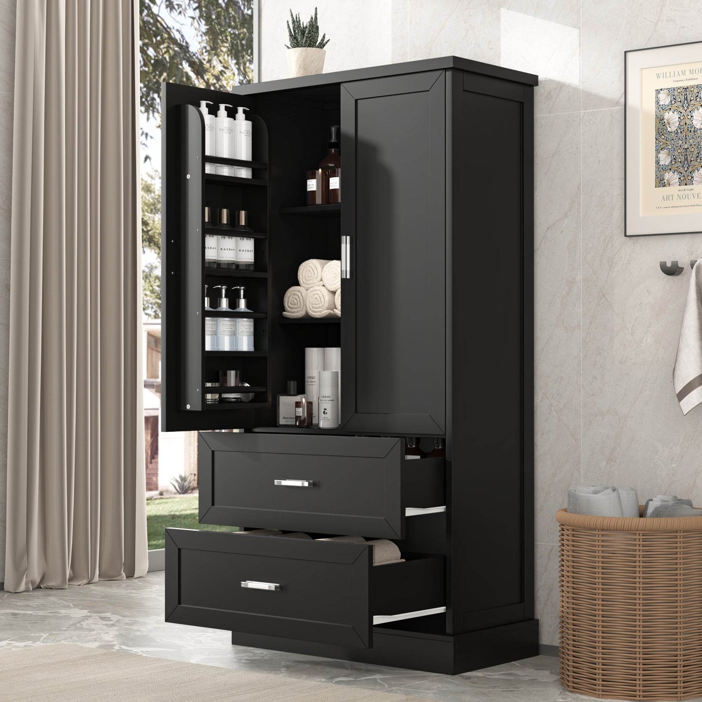 Tall Bathroom Storage Cabinet, Cabinet with Two Doors and Drawers, Adjustable Shelf, MDF Board, Black - MarvelouStoree