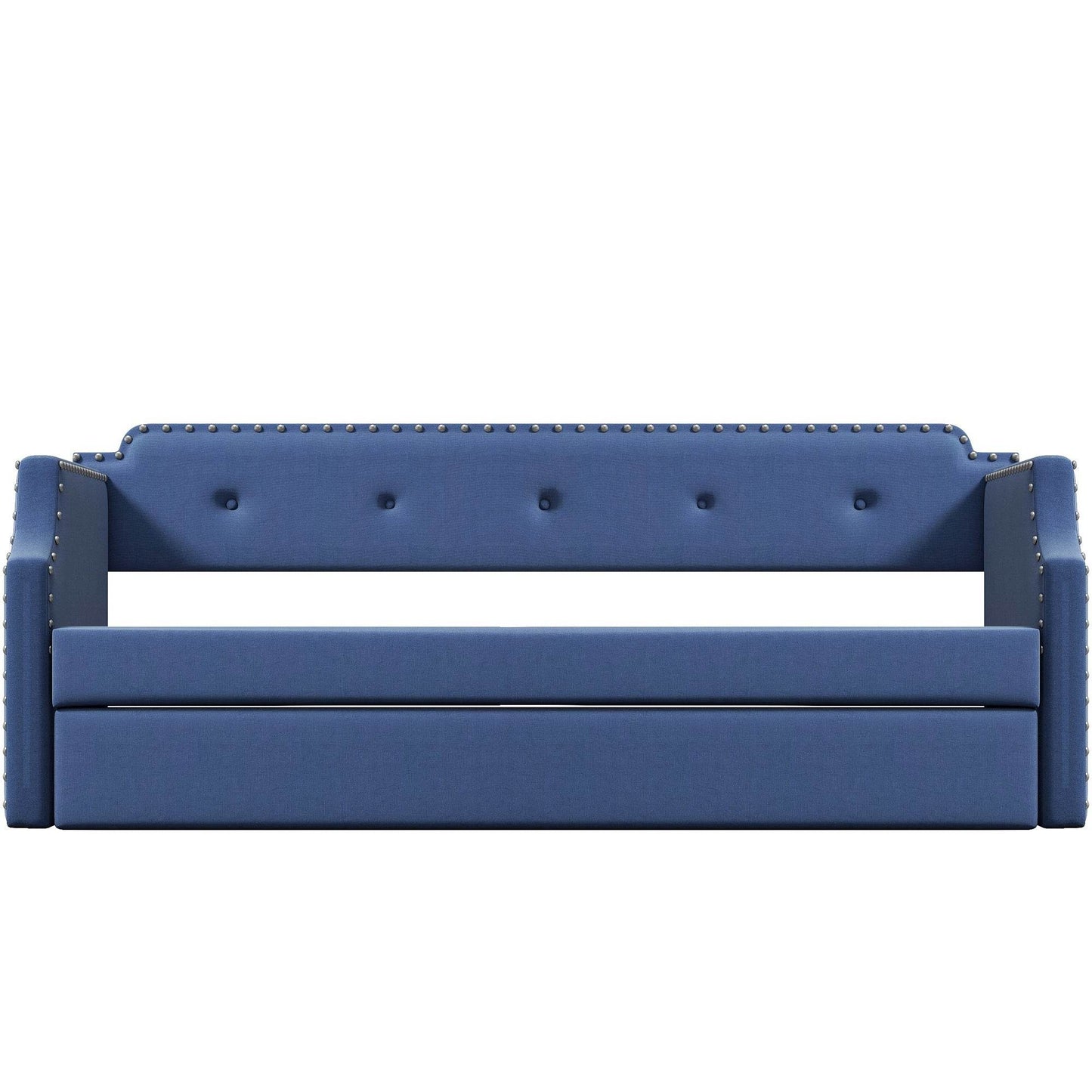 Upholstered Daybed with Trundle, Wood Slat Support,Upholstered Frame Sofa Bed Twin Blue - MarvelouStoree