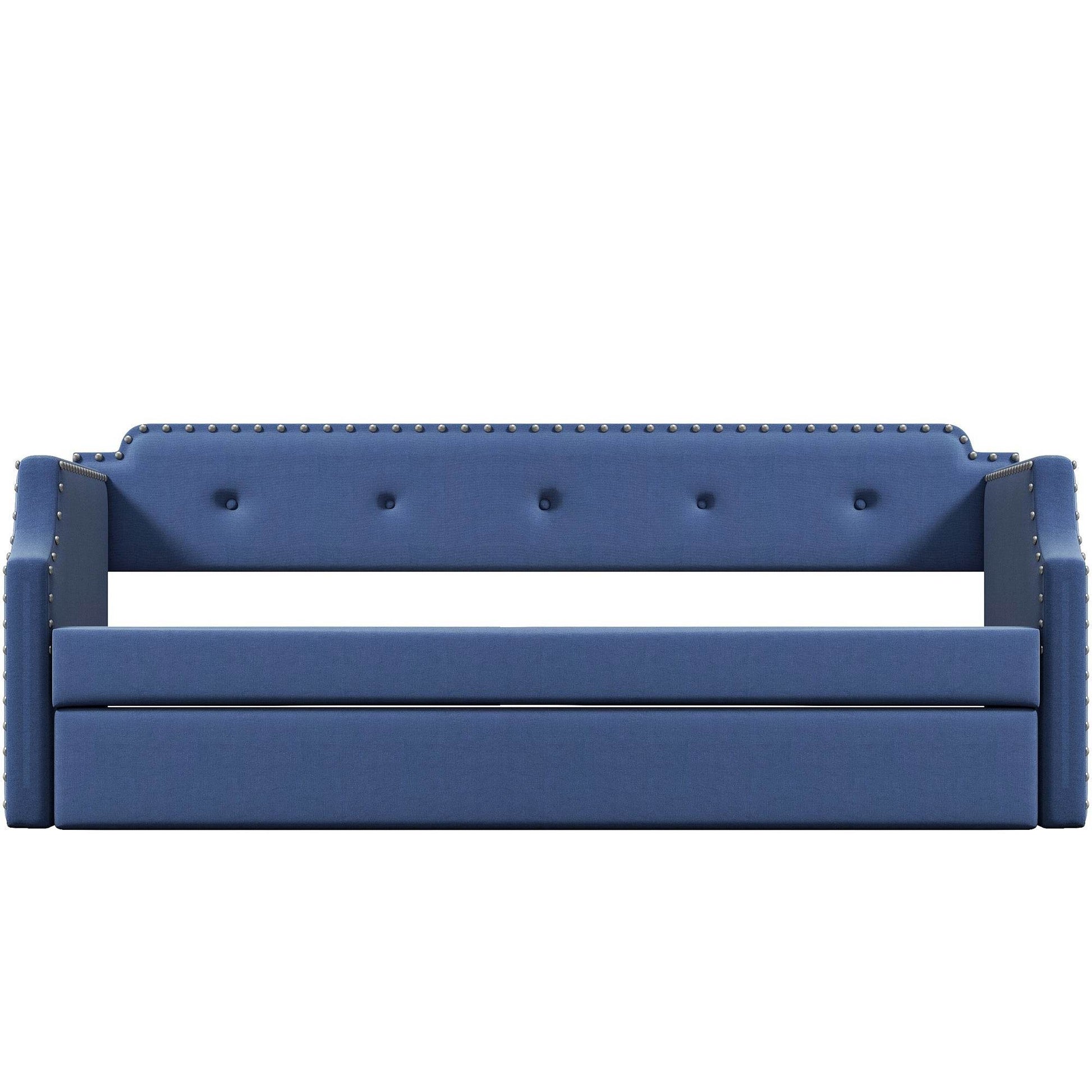 Upholstered Daybed with Trundle, Wood Slat Support,Upholstered Frame Sofa Bed Twin Blue - MarvelouStoree