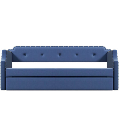 Upholstered Daybed with Trundle, Wood Slat Support,Upholstered Frame Sofa Bed Twin Blue - MarvelouStoree