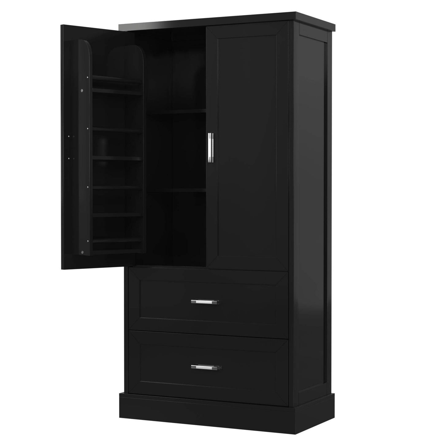 Tall Bathroom Storage Cabinet, Cabinet with Two Doors and Drawers, Adjustable Shelf, MDF Board, Black - MarvelouStoree