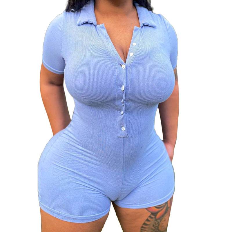 Solid Color Short Sleeve Slim Button Turndown Collar Jumpsuit Body Suit - MarvelouStoree