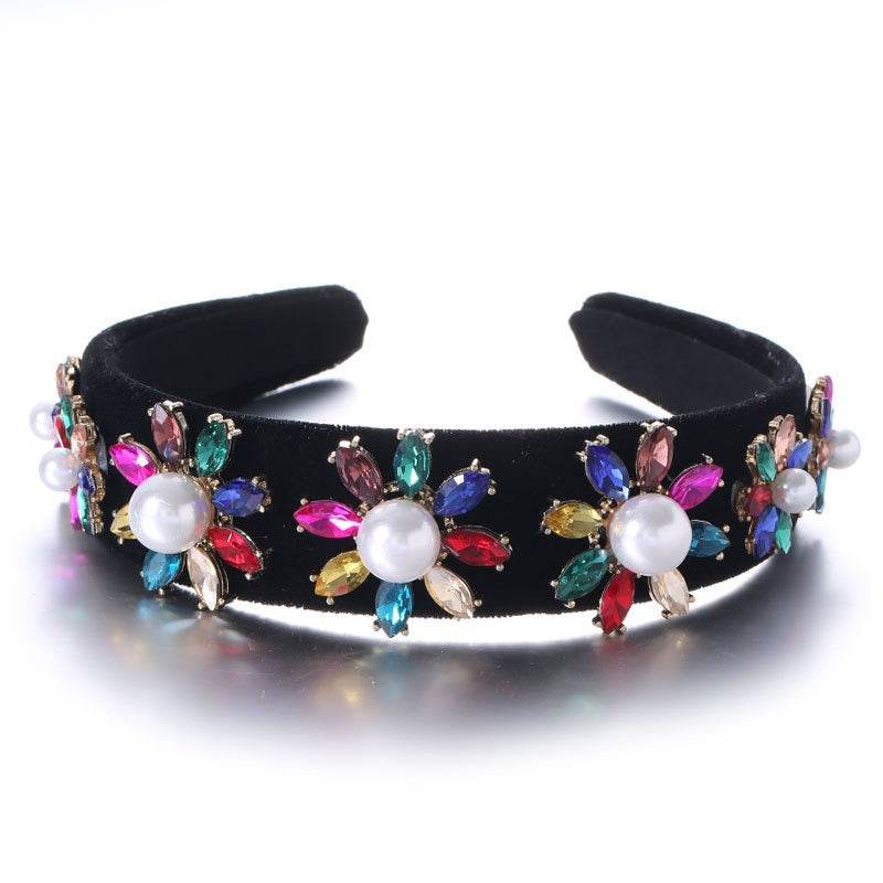 Baroque Large Pearl Flower Set with Colorful Diamonds Fashion Hair Hoop - MarvelouStoree