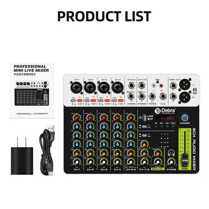 Debra Audio Mixer DJ Console V8 8 Channel Protable 48V Phantom Power USB DJ Console With Sound Card For PC Recording Singing - MarvelouStoree